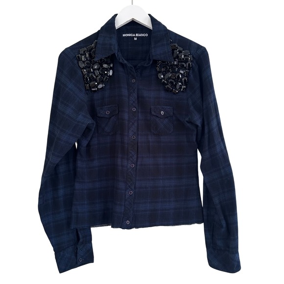Monica Bianco Plaid Shirt Embellished Collar Top Flannel Size M Cropped* - Picture 1 of 12